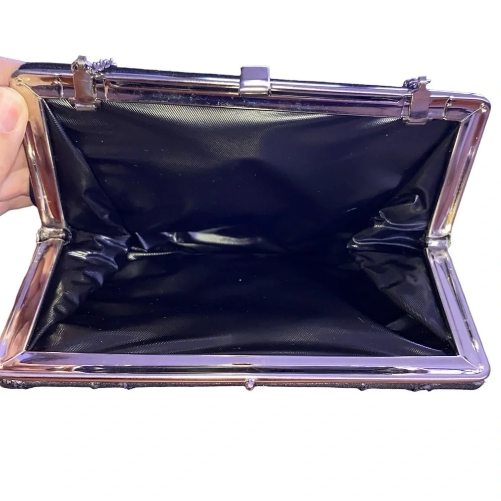 Vintage Evening Bag/Clutch Beaded Design Silver Tone Chain and Hardware Black